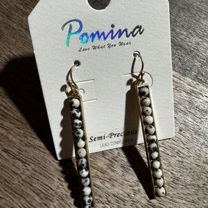 NWT- Gold Colored Bar Earrings With White/Black/GreyColored Round Stones